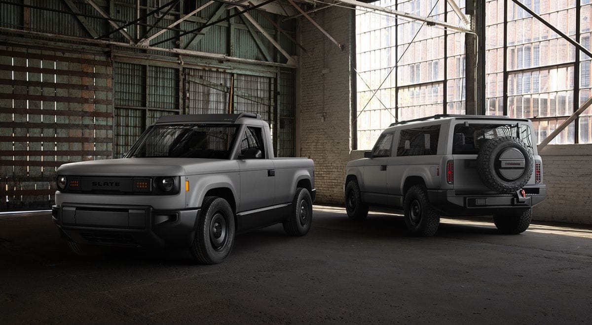 Slate compact electric pickup truck showcasing minimalist design and small truck proportions