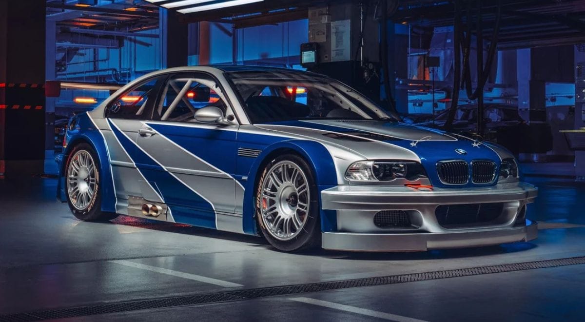 Front three-quarter view of real-world BMW M3 GTR NFS replica.
