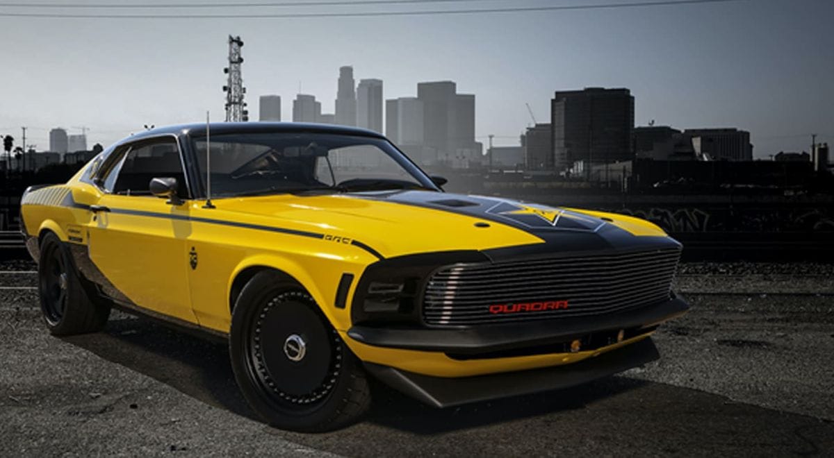 Rockstar Garage Cyberpunk 2077 Quadra build on a 1970 Ford Mustang Fastback – chrome accents, carbon fiber aero, and retro-futuristic digital gauges channeling Night City muscle