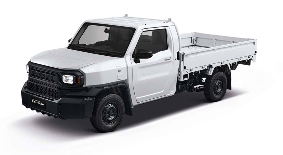 Toyota Hilux Champ compact pickup truck in Thailand, shown as a bare chassis cab before customization.