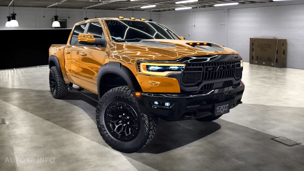 Stellantis CEO Carlos Tavares speaking at an auto industry event, with Dodge and Ram vehicles in the background.