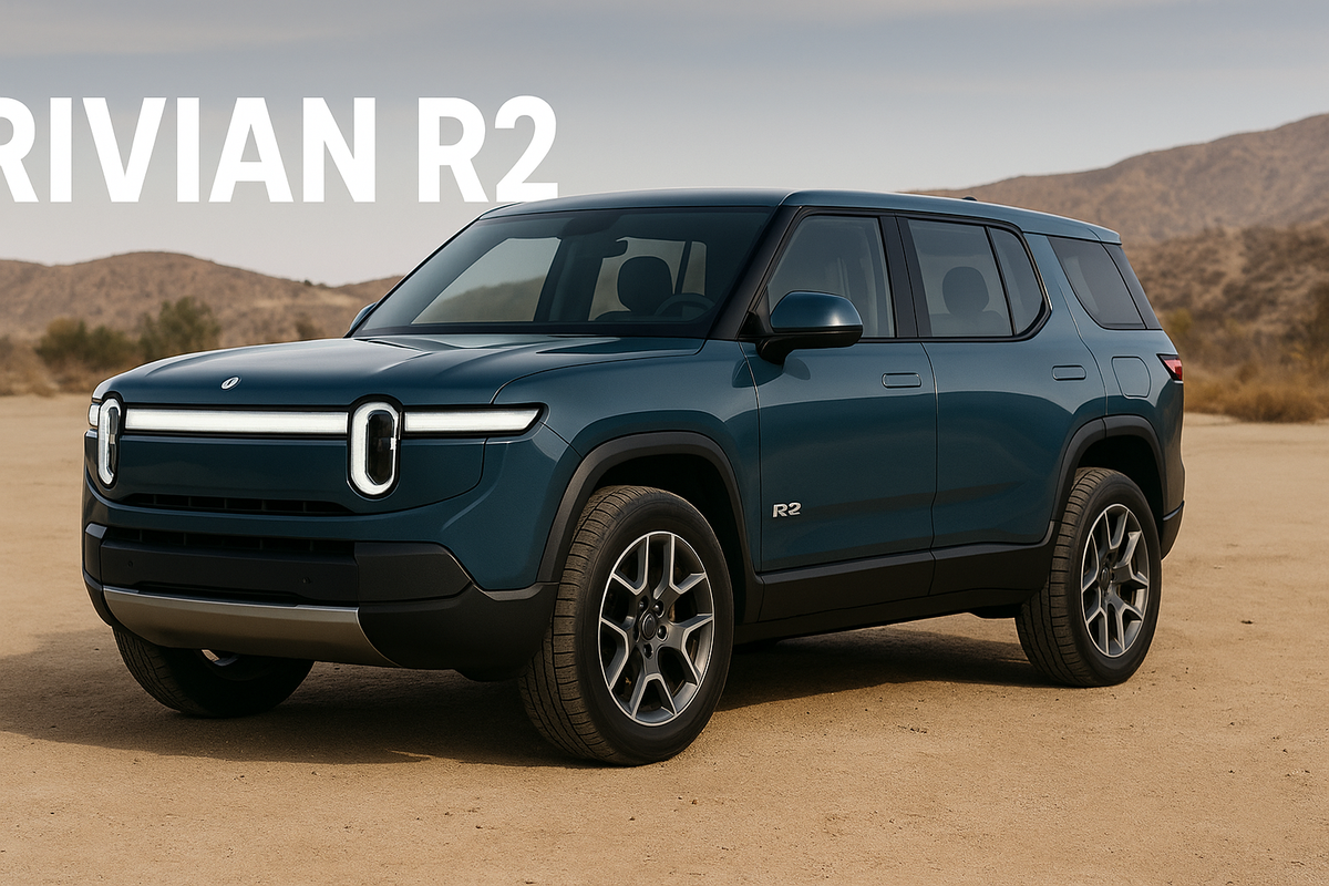 2026 Rivian R2 midsize electric SUV in desert landscape — compact off-road EV with sleek adventure-ready design.