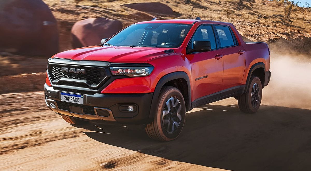 Sleek 2026 Ram Rampage compact crossover truck in dirt action, showcasing diesel torque and 4x4 capability denied to American zealots