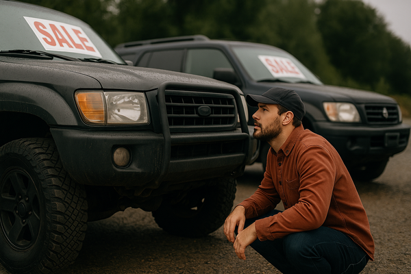 Mechanic inspecting a used 4WD vehicle with the hood open during a pre-purchase check.