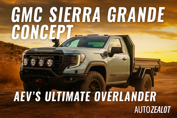 GMC Sierra Grande Concept off-road in the desert, featuring a tray-bed design, off-road tires, and AEV bumpers.