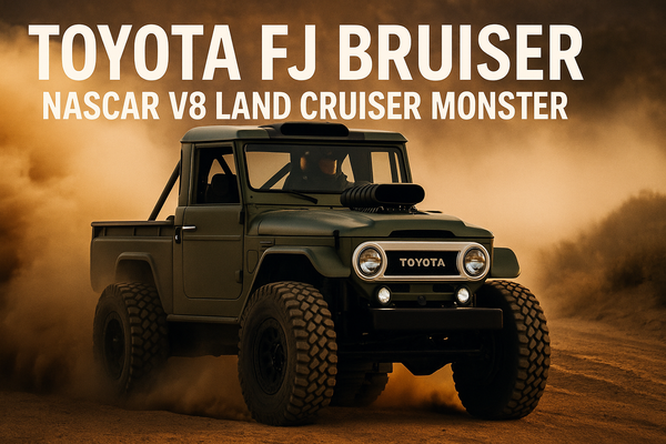 Toyota FJ Bruiser Concept off-road, showing its vintage Land Cruiser body, massive tires, and hidden center tank tracks.