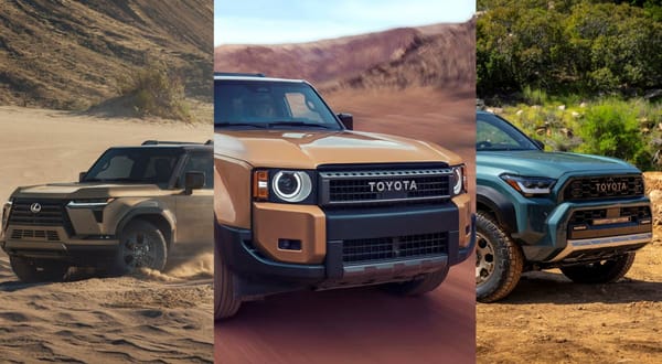 oyota Land Cruiser, 4Runner Trailhunter, and Lexus GX550 Overtrail shown side by side in off-road settings